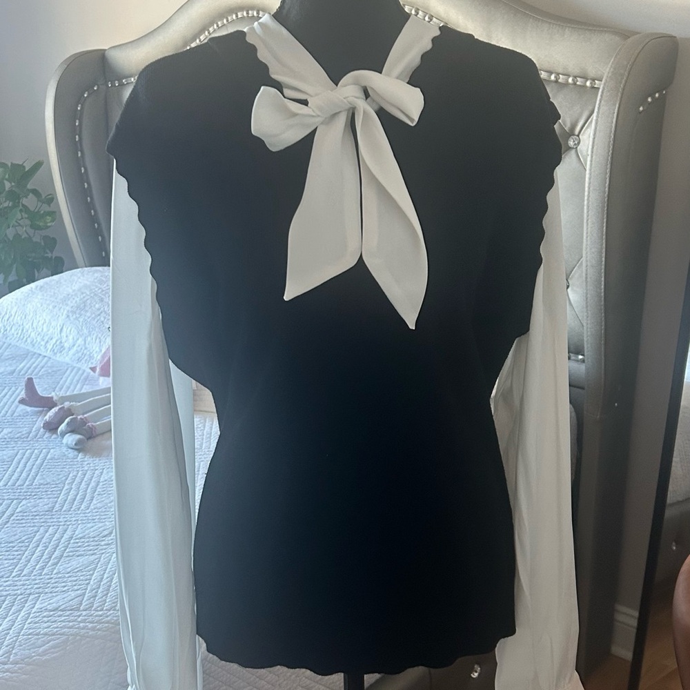 Adrianna Papell Black Blouse with White Tie-Neck